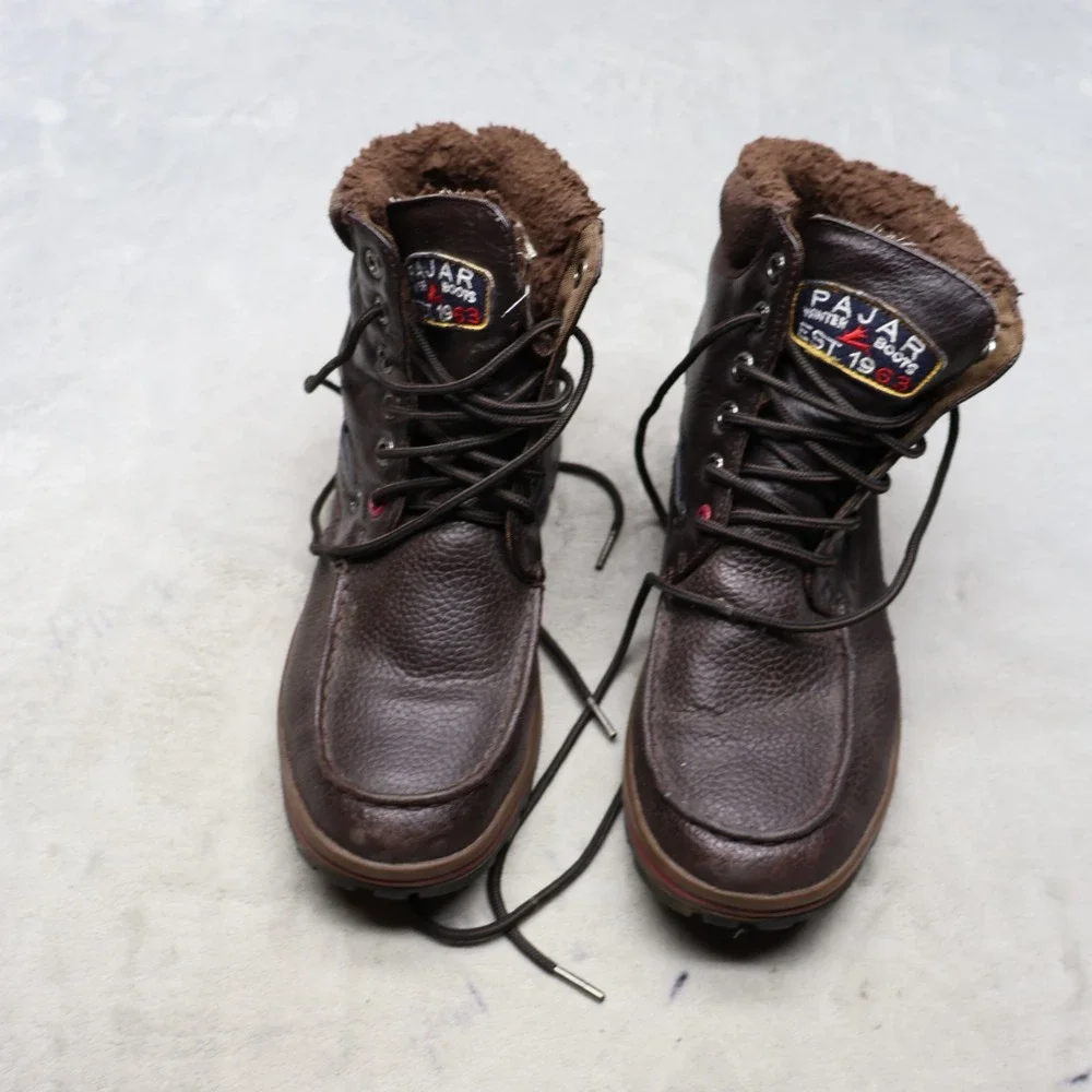 Pajar Mens 10-10.5 Winter Boots Brown Leather Faux Fur Lined Moc Toe Waterproof